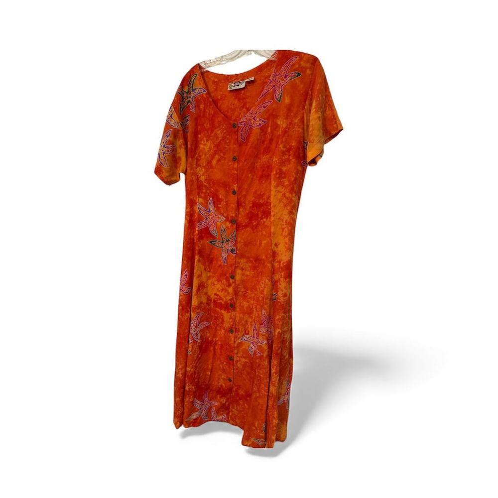 Vtg Hawaiian Hilo Hattie STARFISH WOOD BUTTON MIDI DRESS SZ M